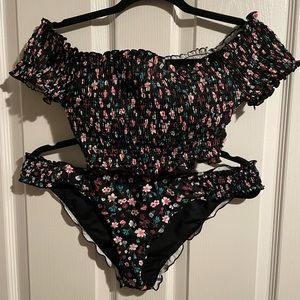 Off the shoulder bikini top and matching bottoms in a pretty floral print